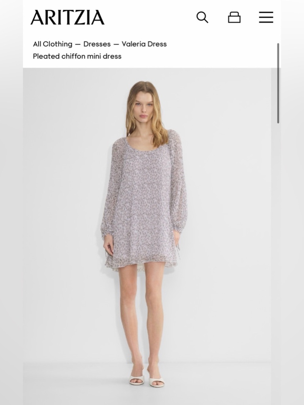 Aritzia Valeria Dress, Pleated chiffon mini dress. Medium. White/Pink/Multi.